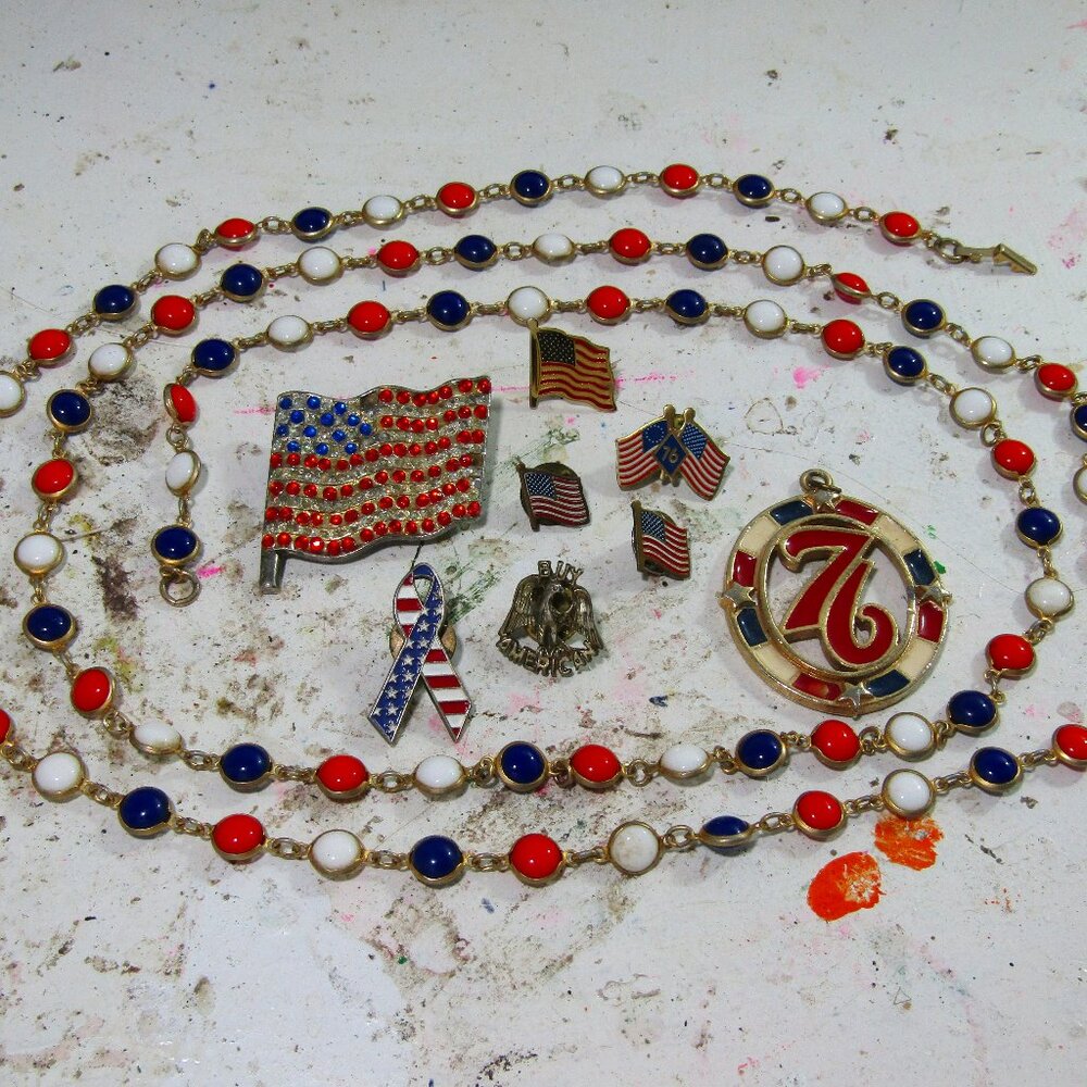 Aggressively Patriotic Lot of Jewelry Flag Pins Red White and Blue Necklace Plus